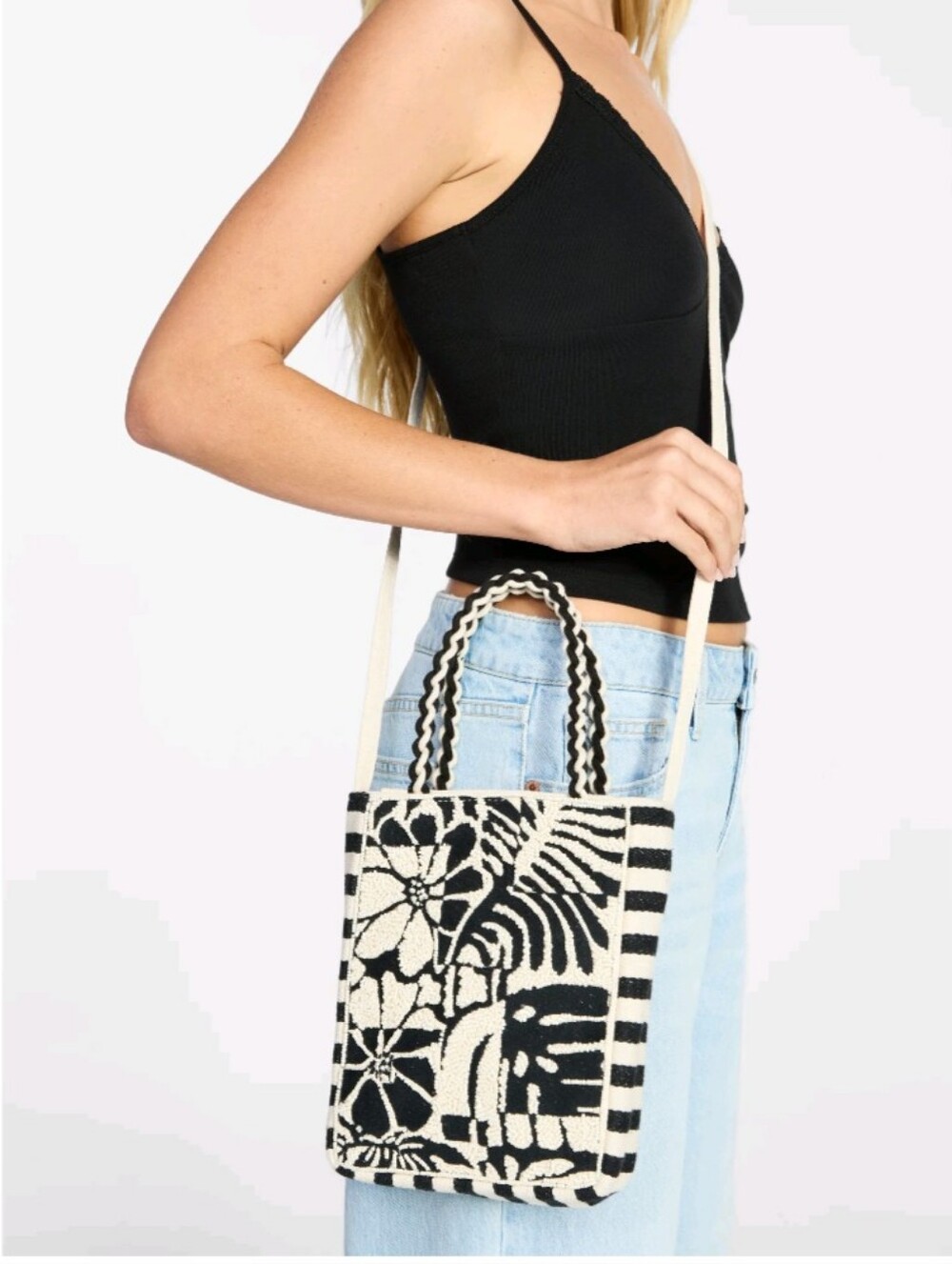 NWT No Boundaries Black & White Women's Beaded Crossbody Mini Tote Bag